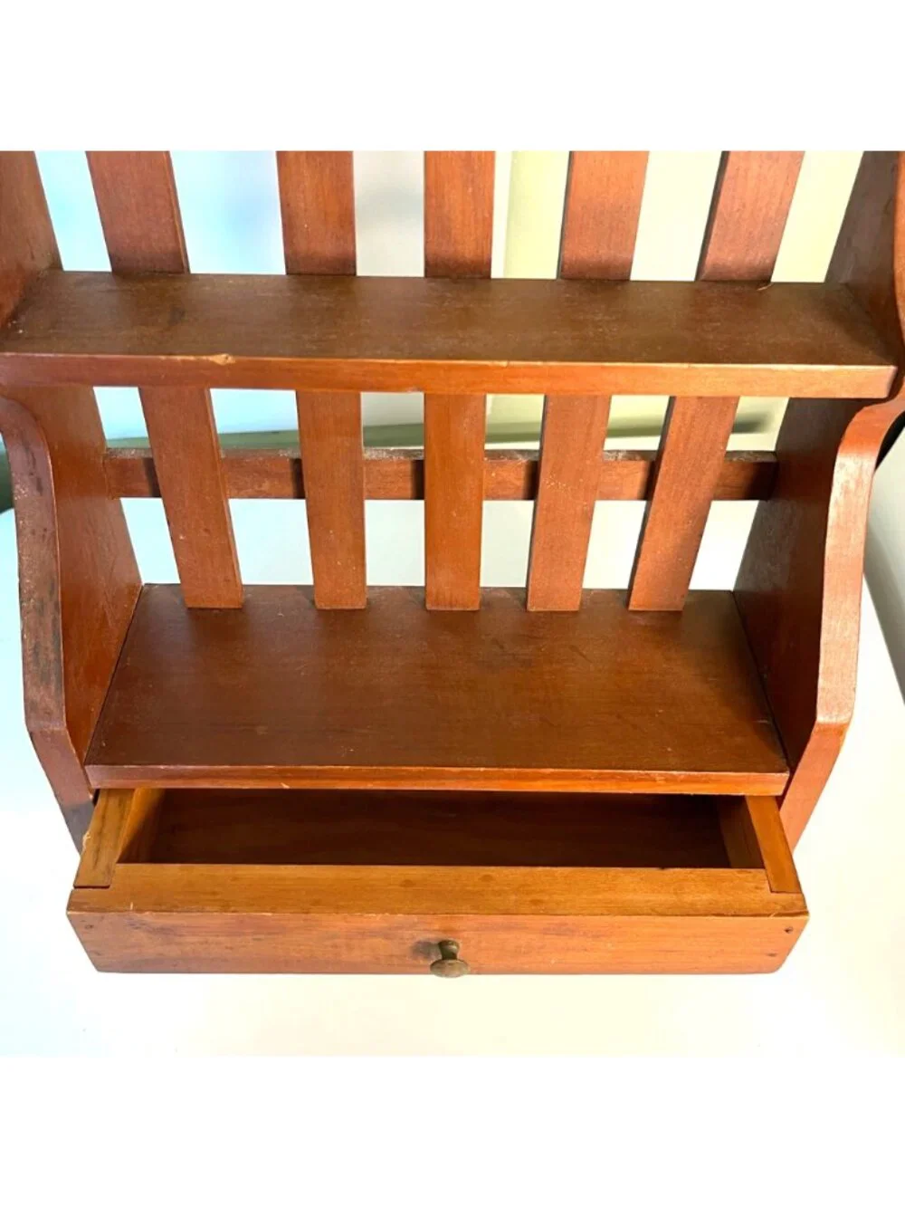 Vintage Handcrafted Wood Wall Organizer Shelf Rack with Drawer 19
